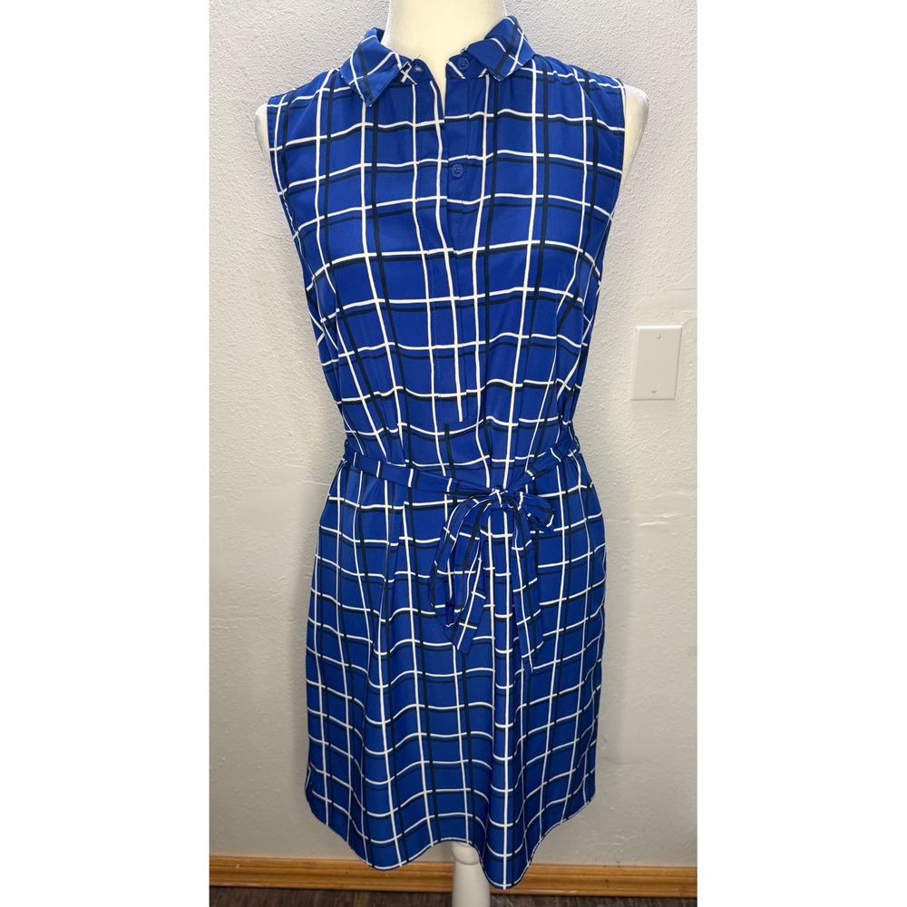 Banana Republic Blue Windowpane Plaid Sleeveless Shirt Dress Tie Waist 10 NEW